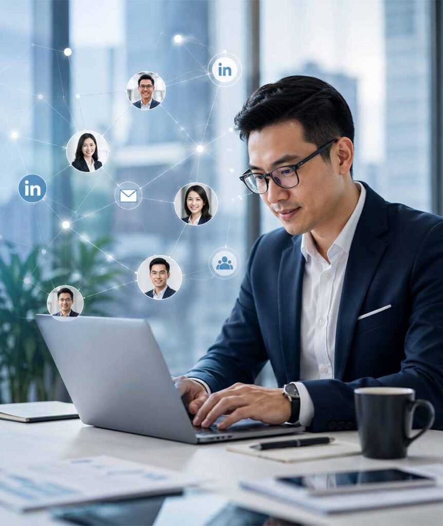 Asian financial advisor using a laptop for digital networking and client prospecting in a modern office