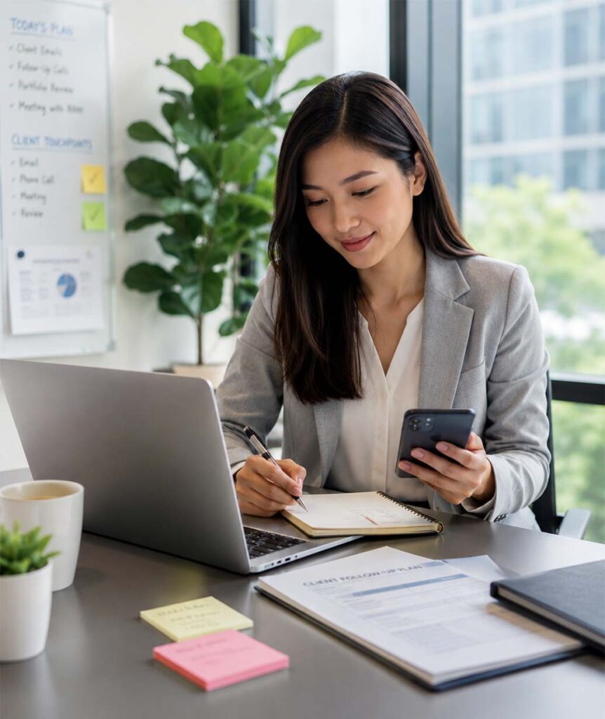 Asian relationship manager using laptop and smartphone to manage client communication and follow-ups in a modern office