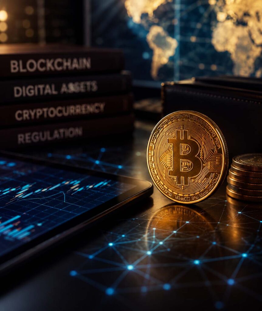 Bitcoin coin beside a digital market chart, blockchain-themed books, and a network-style financial background.