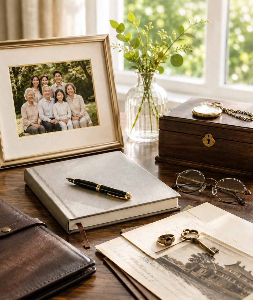 Framed family photo, notebook, pen, eyeglasses, heirloom items, and keepsakes arranged on a warm wooden table.