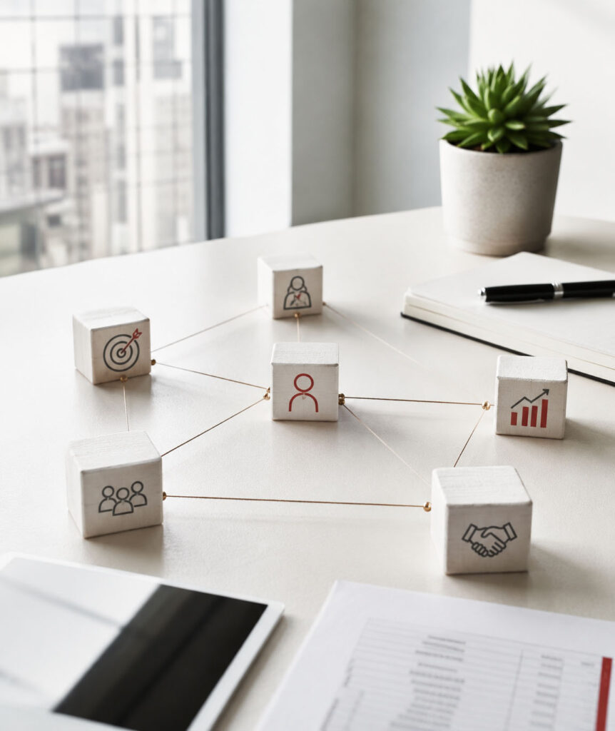 Connected blocks with business icons representing teamwork, leadership, goals, and growth in a modern workspace.