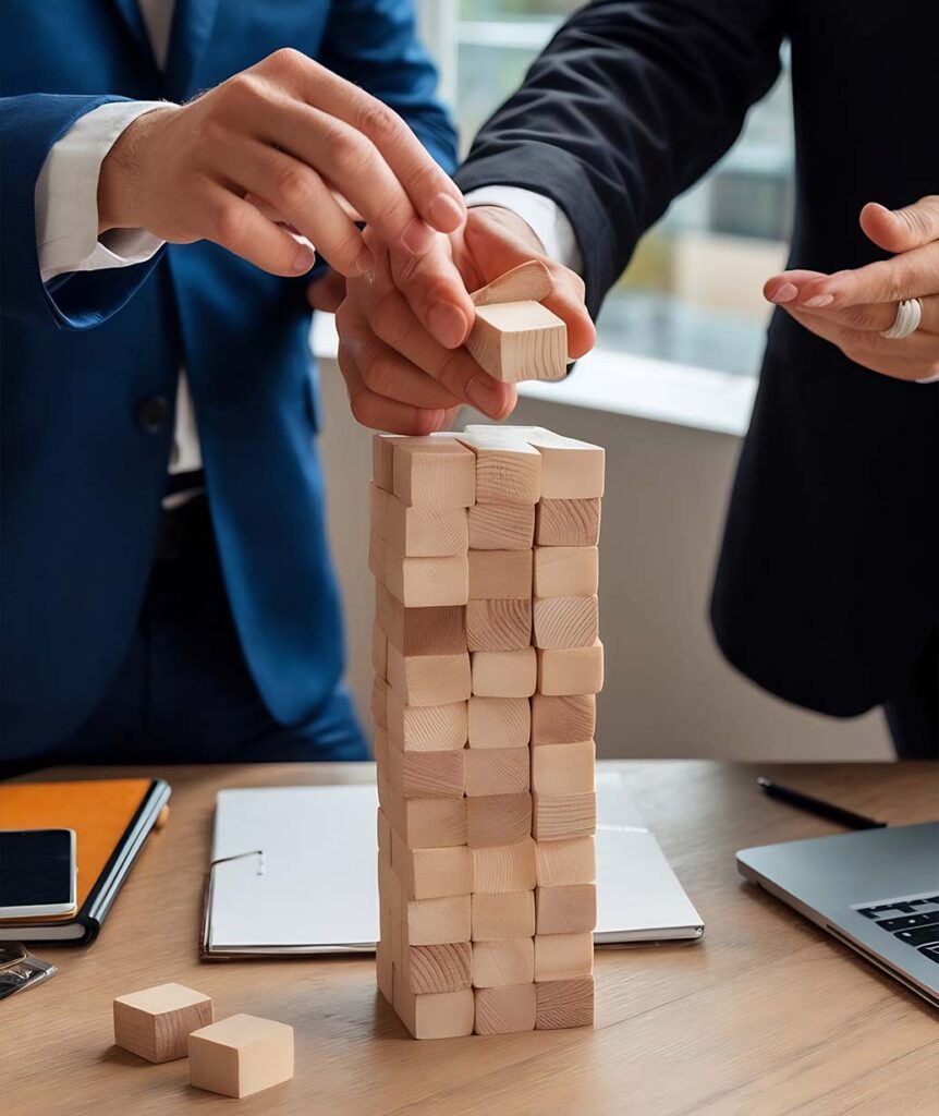 Business professionals carefully stacking wooden blocks on a desk, symbolising risk management, stability, and strategic decision-making.