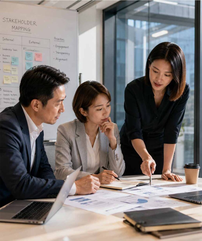 Professionals reviewing documents and stakeholder planning notes during a strategy discussion
